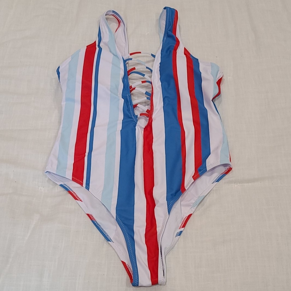 Red, white and blue striped bathing suit.